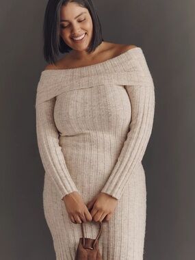 🤍 NEW- Glamorous Off-Shoulder Rib Knit Midi Dress | Oatmeal | Anthropologie 🤍